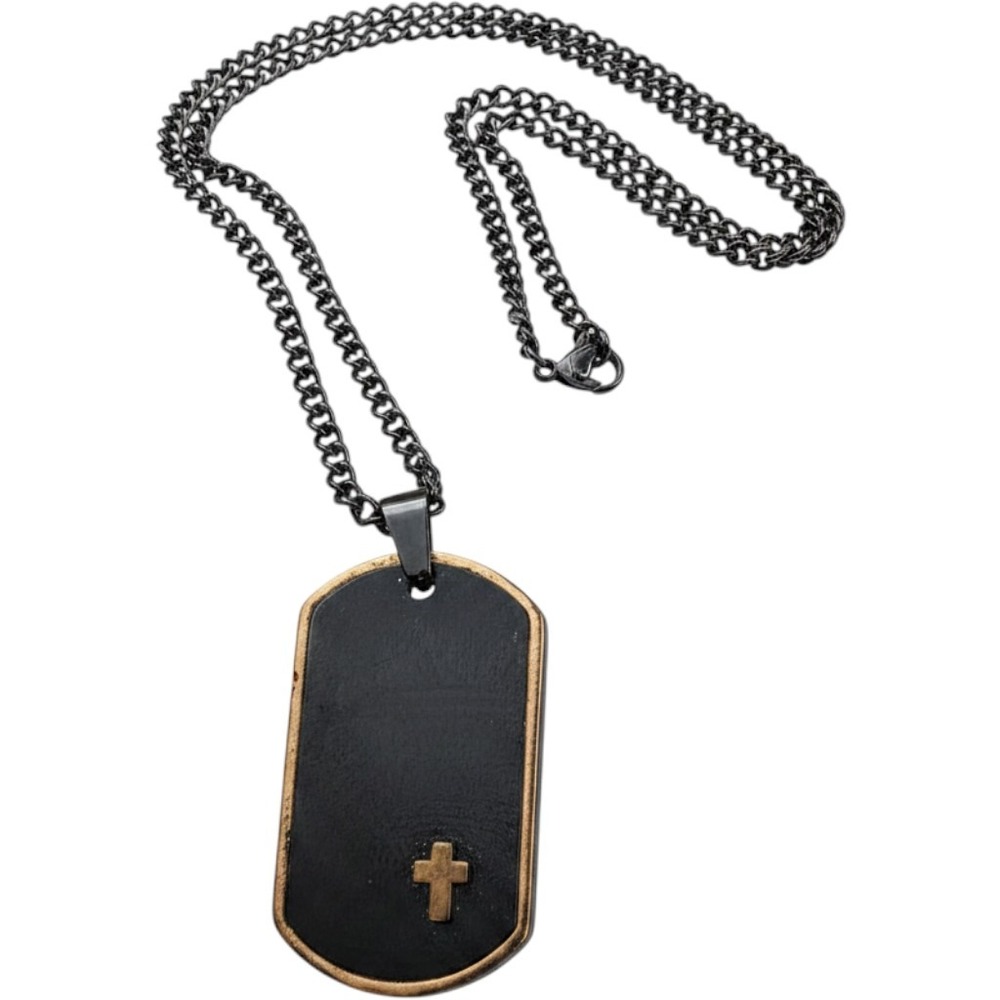 Mens Stainless Steel Black Dog Tag Cross Pendant Necklace Curb Chain Two Tone‎